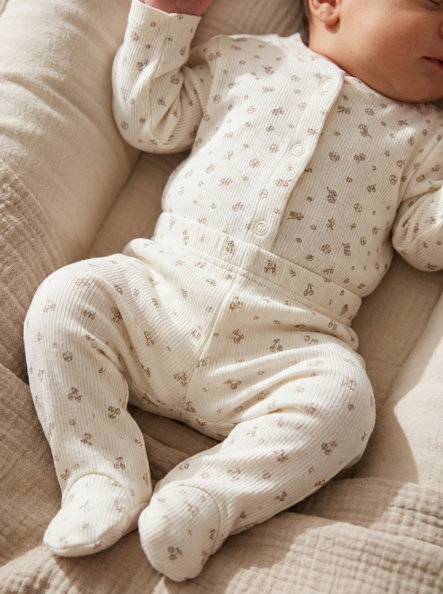 Kubbe Yenidoğan Kız Bebek Bej Çiçekli Puantiyeli Patikli 2'li Alt Üst Takım – Çıtçıtlı Raporlu İnterlok Pamuklu