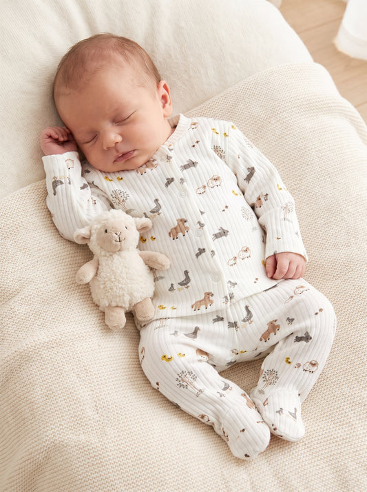 Kubbe Yenidoğan Unisex Bebek Çiftlik Hayvanlı Patikli 2'li Alt Üst Takım – Çıtçıtlı Raporlu İnterlok Pamuklu