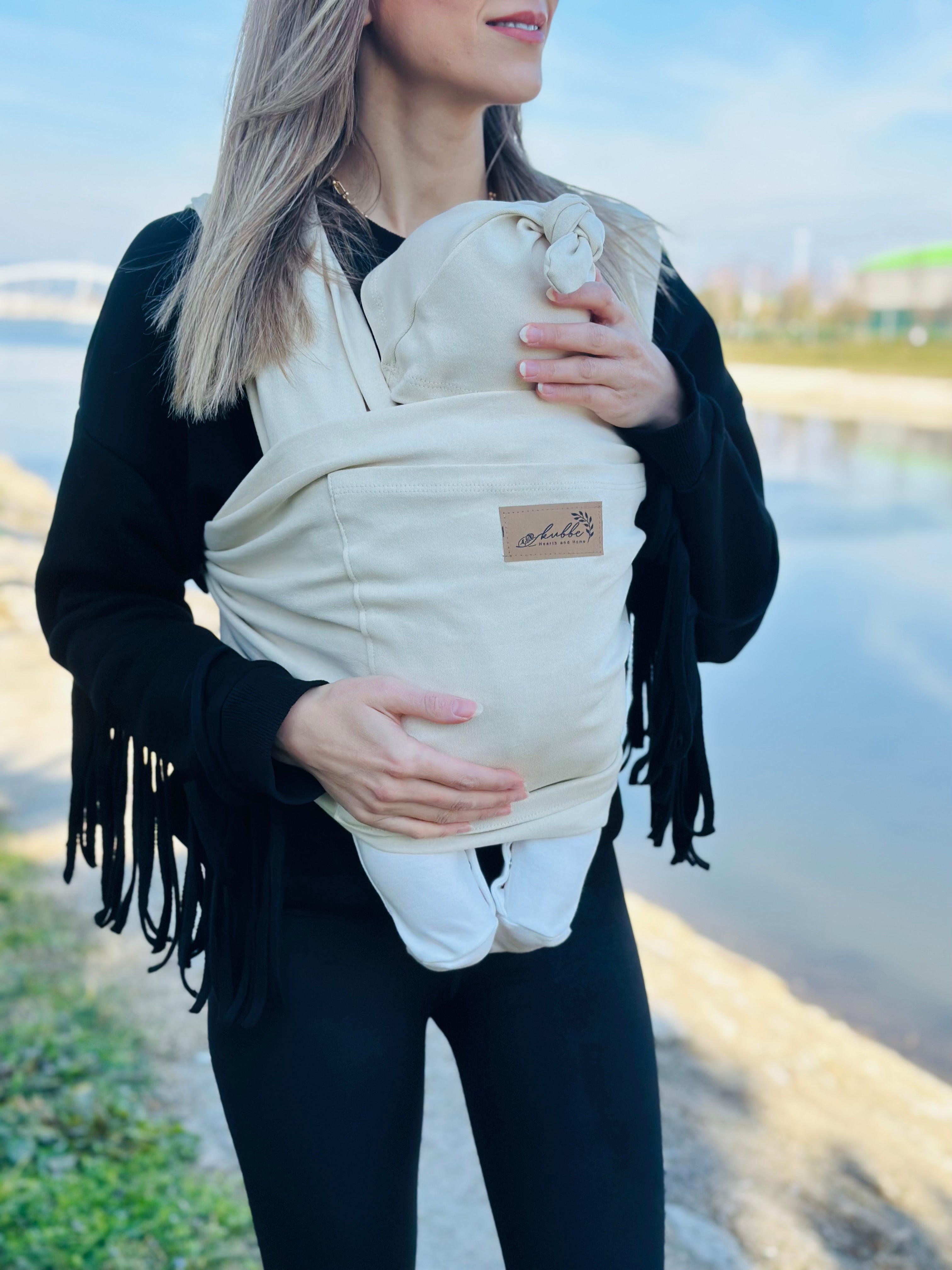 Krem Kubbe Baby Premium Ergonomik Cepli Bebek Taşıma Şalı, Anakucağı Sling — Şapka ve Taşıma Torbası Hediyeli