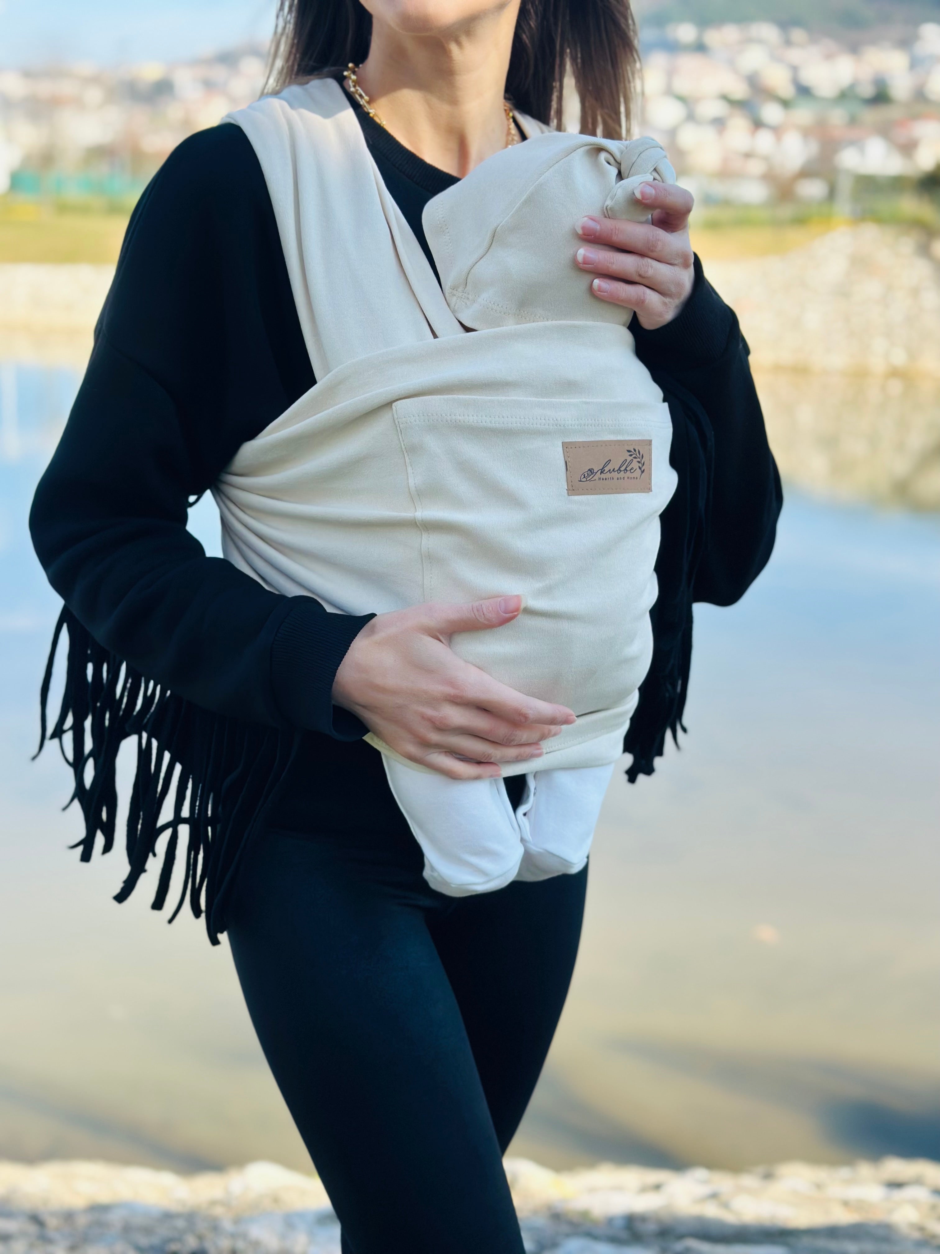 Krem Kubbe Baby Premium Ergonomik Cepli Bebek Taşıma Şalı, Anakucağı Sling — Şapka ve Taşıma Torbası Hediyeli