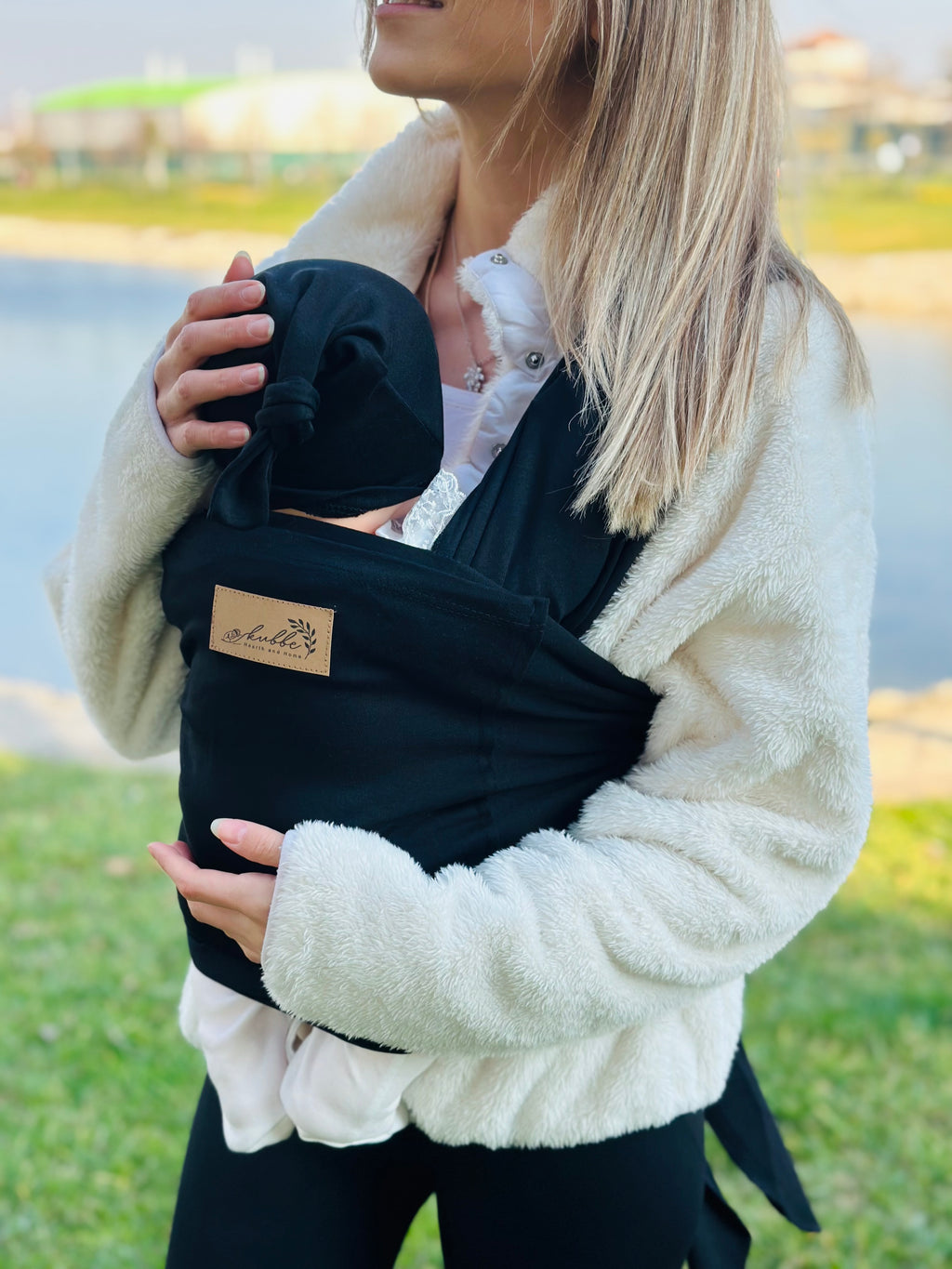 Siyah Kubbe Baby Premium Ergonomik Cepli Bebek Taşıma Şalı, Anakucağı Sling — Şapka ve Taşıma Torbası Hediyeli