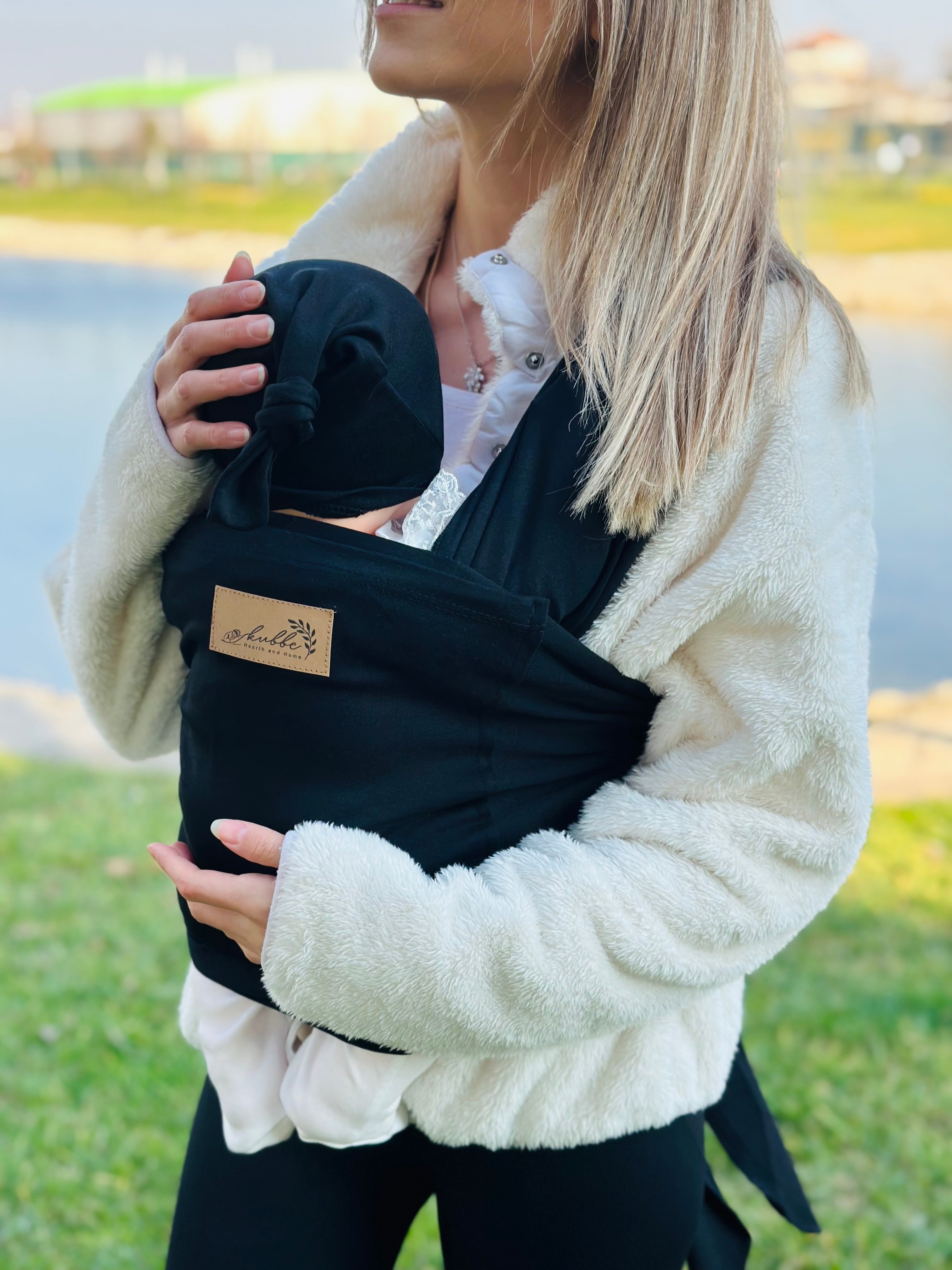 Siyah Kubbe Baby Premium Ergonomik Cepli Bebek Taşıma Şalı, Anakucağı Sling — Şapka ve Taşıma Torbası Hediyeli