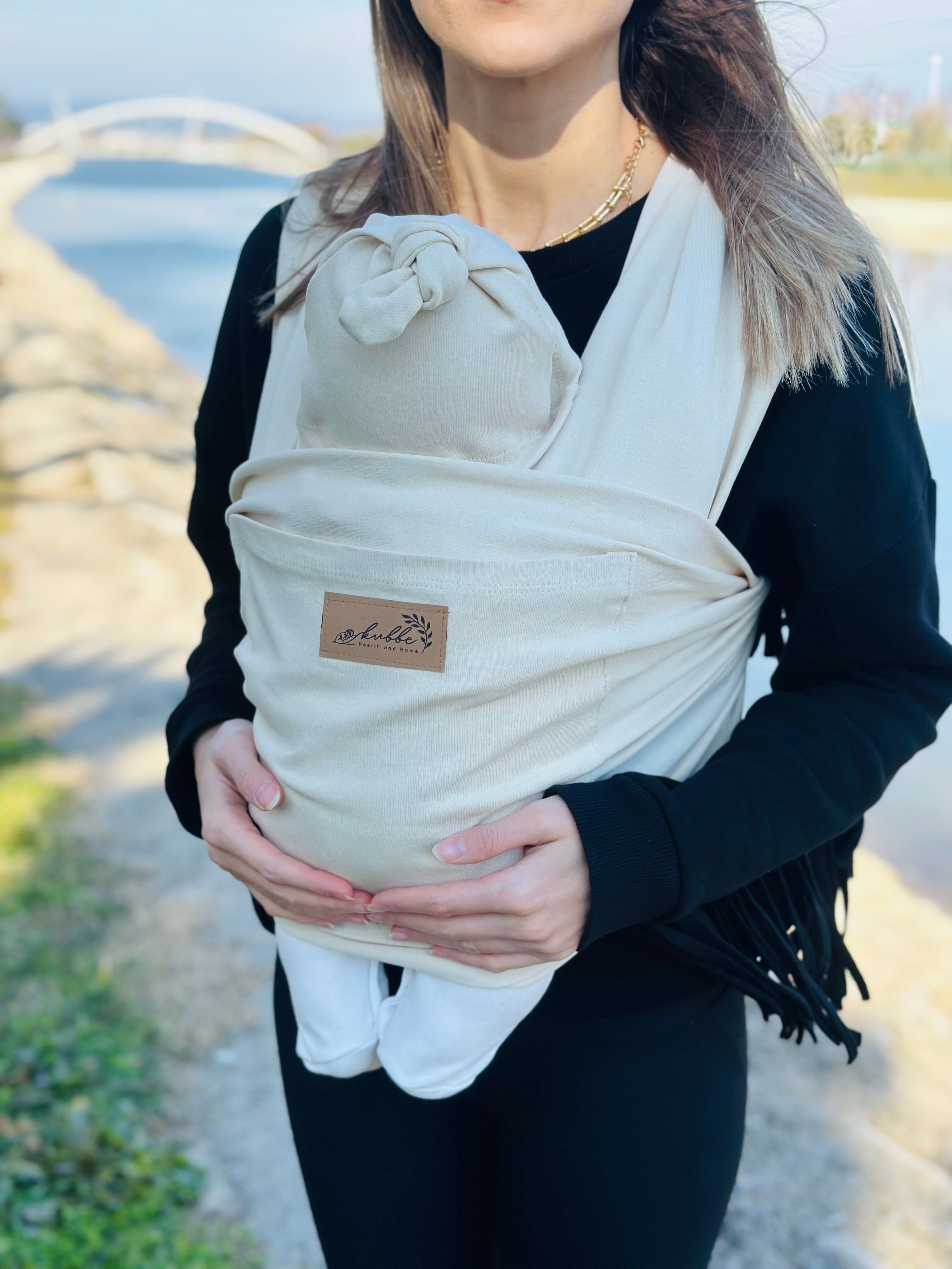 Krem Kubbe Baby Premium Ergonomik Cepli Bebek Taşıma Şalı, Anakucağı Sling — Şapka ve Taşıma Torbası Hediyeli