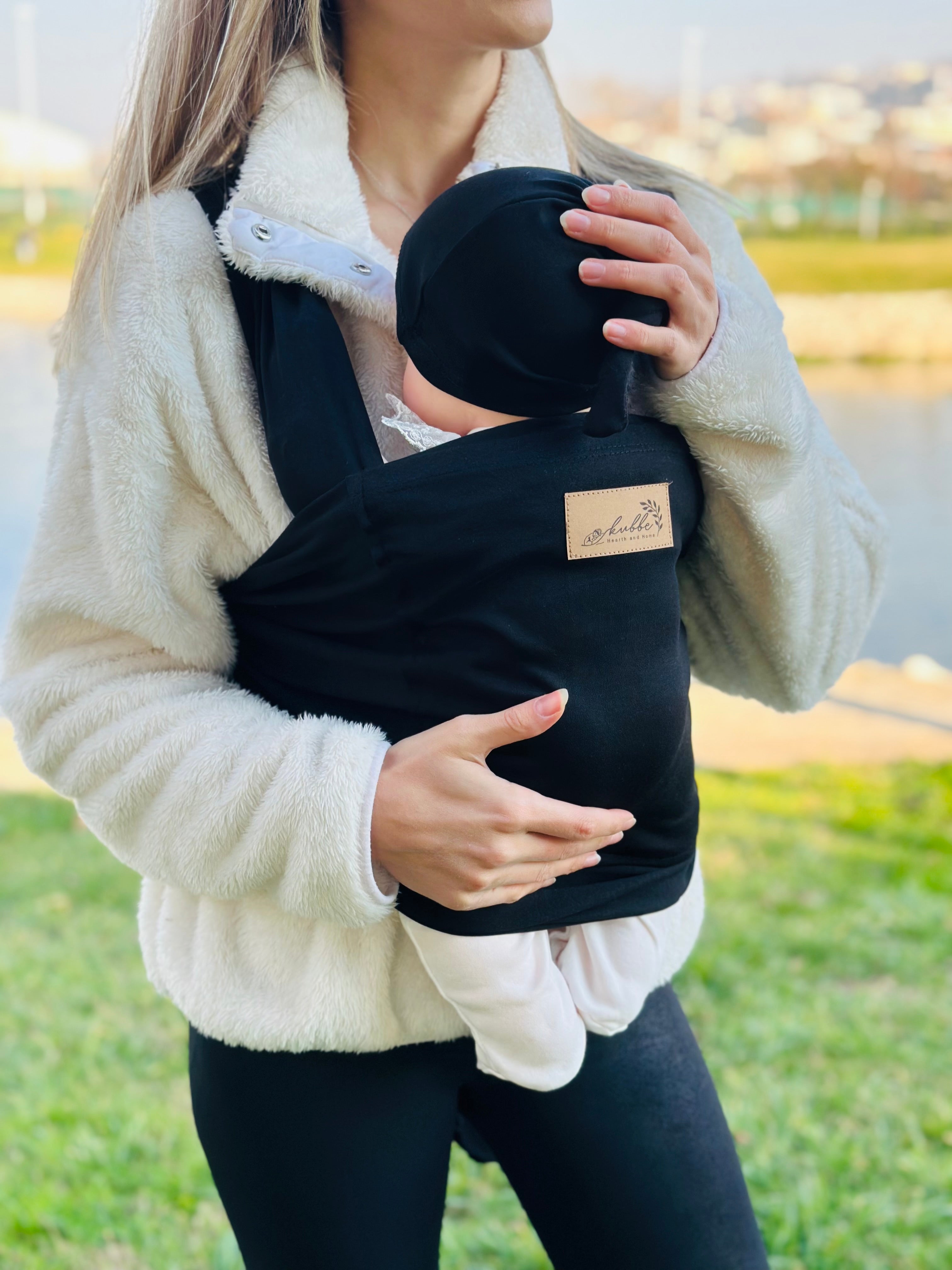 Siyah Kubbe Baby Premium Ergonomik Cepli Bebek Taşıma Şalı, Anakucağı Sling — Şapka ve Taşıma Torbası Hediyeli