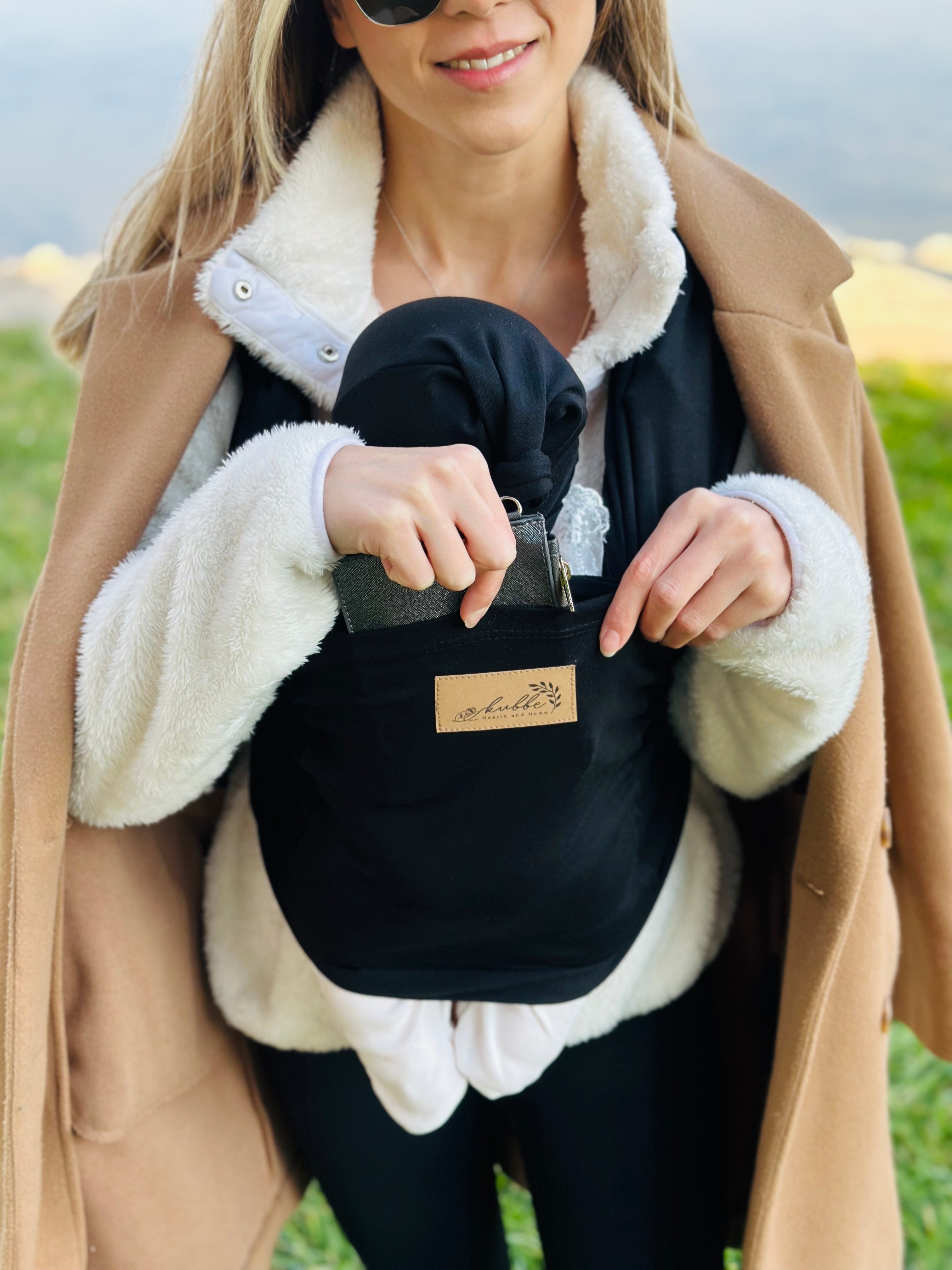 Siyah Kubbe Baby Premium Ergonomik Cepli Bebek Taşıma Şalı, Anakucağı Sling — Şapka ve Taşıma Torbası Hediyeli