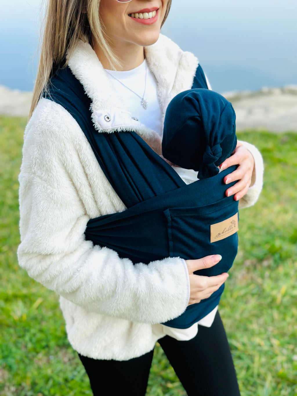 Lacivert Kubbe Baby Premium Ergonomik Cepli Bebek Taşıma Şalı, Anakucağı Sling — Şapka ve Taşıma Torbası Hediyeli
